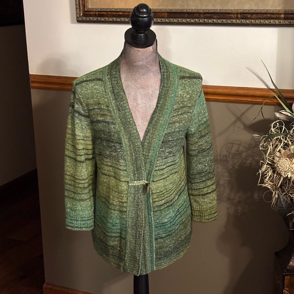 Christopher & Banks Green Striped Open Cardigan